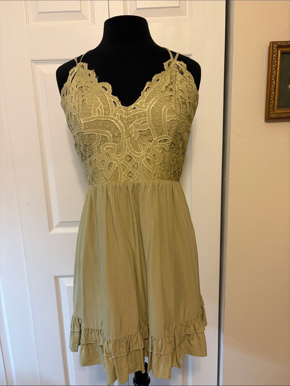 NWT Heyson Olive Sage Green Lace Bodice Strappy Mini Dress Medium.